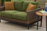 Horizon Hall Brown/Green Outdoor Loveseat with Cushion by Ashley at Eve Furniture