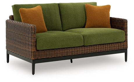Horizon Hall Brown/Green Outdoor Loveseat with Cushion by Ashley at Eve Furniture