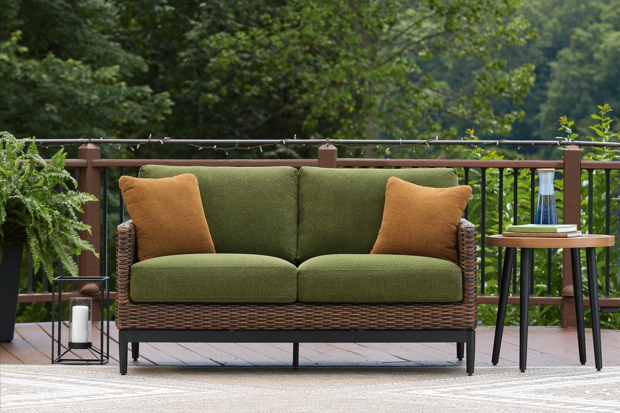 Horizon Hall Brown/Green Outdoor Loveseat with Cushion by Ashley at Eve Furniture