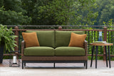 Horizon Hall Brown/Green Outdoor Loveseat with Cushion by Ashley at Eve Furniture