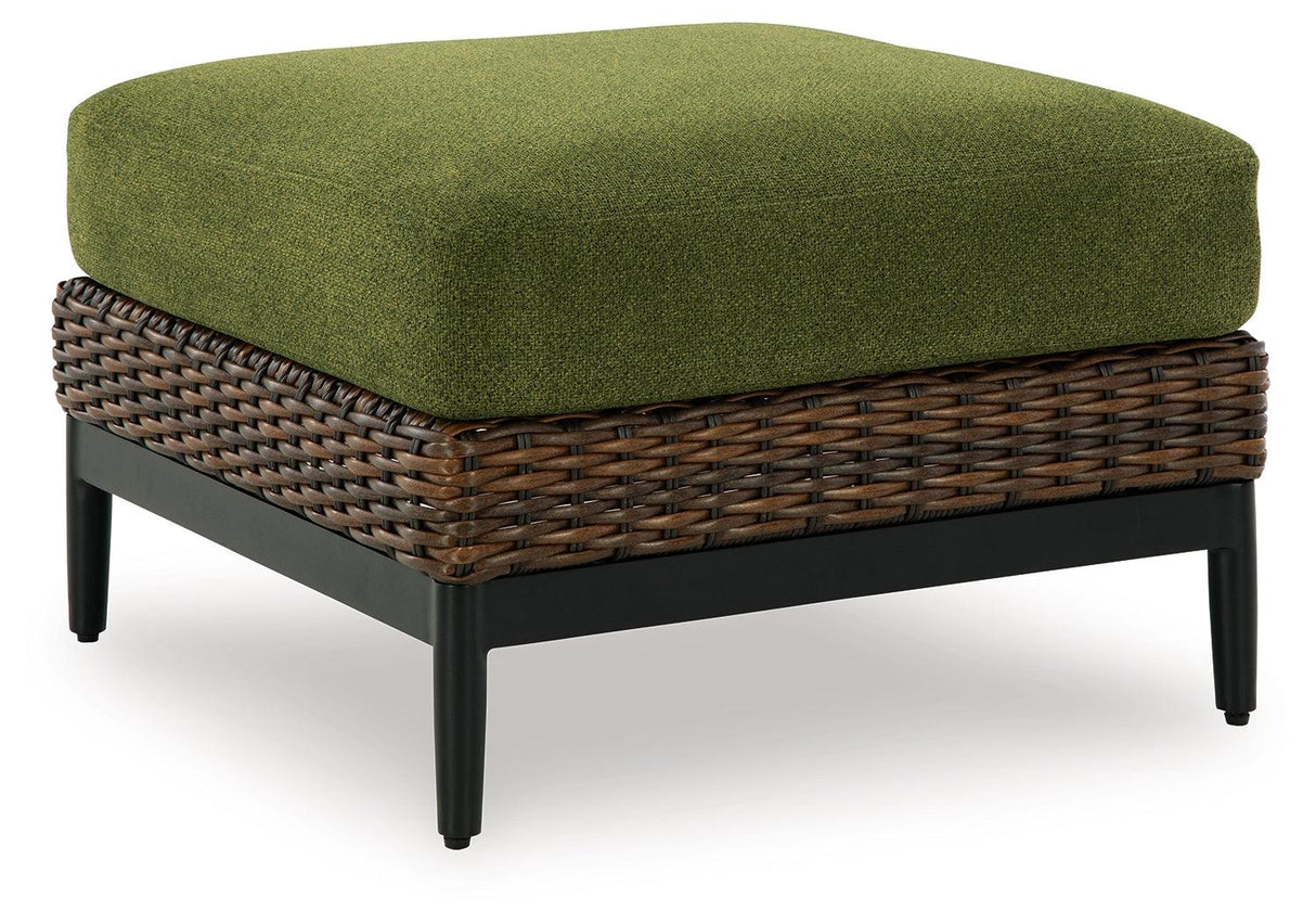 Horizon Hall Brown/Green Outdoor Ottoman with Cushion by Ashley at Eve Furniture