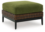 Horizon Hall Brown/Green Outdoor Ottoman with Cushion by Ashley at Eve Furniture