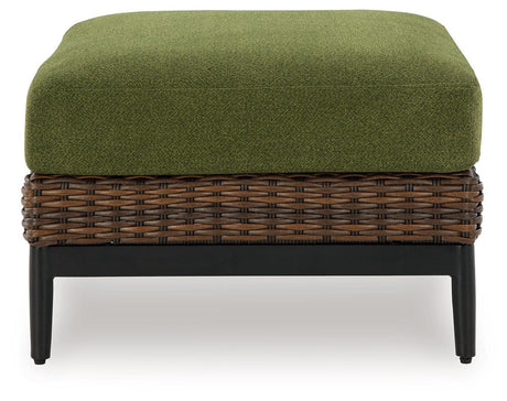 Horizon Hall Brown/Green Outdoor Ottoman with Cushion by Ashley at Eve Furniture