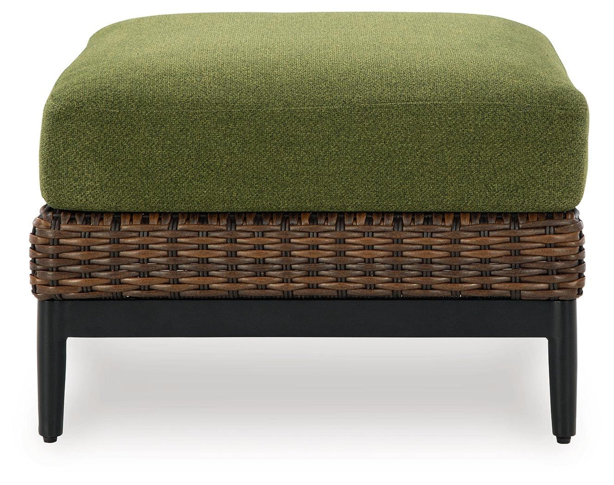 Horizon Hall Brown/Green Outdoor Ottoman with Cushion by Ashley at Eve Furniture