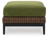 Horizon Hall Brown/Green Outdoor Ottoman with Cushion by Ashley at Eve Furniture
