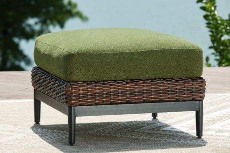 Horizon Hall Brown/Green Outdoor Ottoman with Cushion by Ashley at Eve Furniture