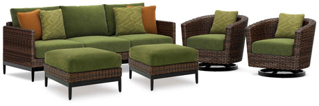 Horizon Hall Brown/Green Outdoor Sofa, 2 Lounge Chairs and 2 Ottomans by Ashley at Eve Furniture