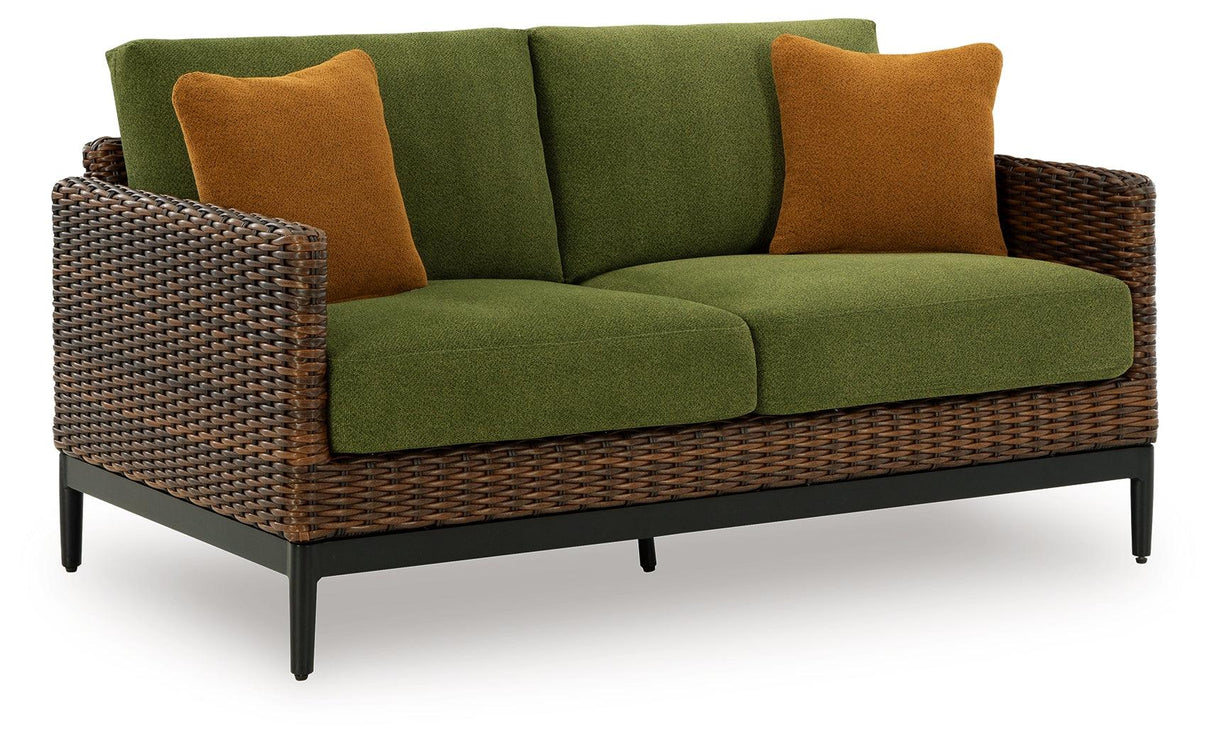 Horizon Hall Brown/Green Outdoor Loveseat with Cushion by Ashley at Eve Furniture