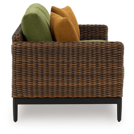 Horizon Hall Brown/Green Outdoor Loveseat with Cushion by Ashley at Eve Furniture