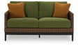 Horizon Hall Brown/Green Outdoor Loveseat with Cushion by Ashley at Eve Furniture