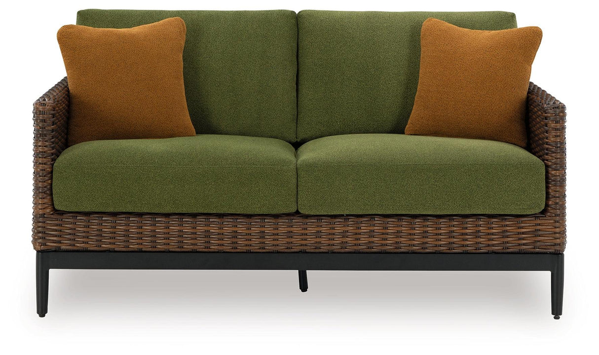 Horizon Hall Brown/Green Outdoor Loveseat with Cushion by Ashley at Eve Furniture