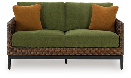 Horizon Hall Brown/Green Outdoor Loveseat with Cushion by Ashley at Eve Furniture