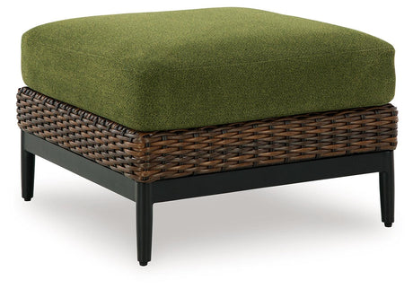Horizon Hall Brown/Green Outdoor Ottoman with Cushion by Ashley at Eve Furniture