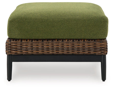 Horizon Hall Brown/Green Outdoor Ottoman with Cushion by Ashley at Eve Furniture