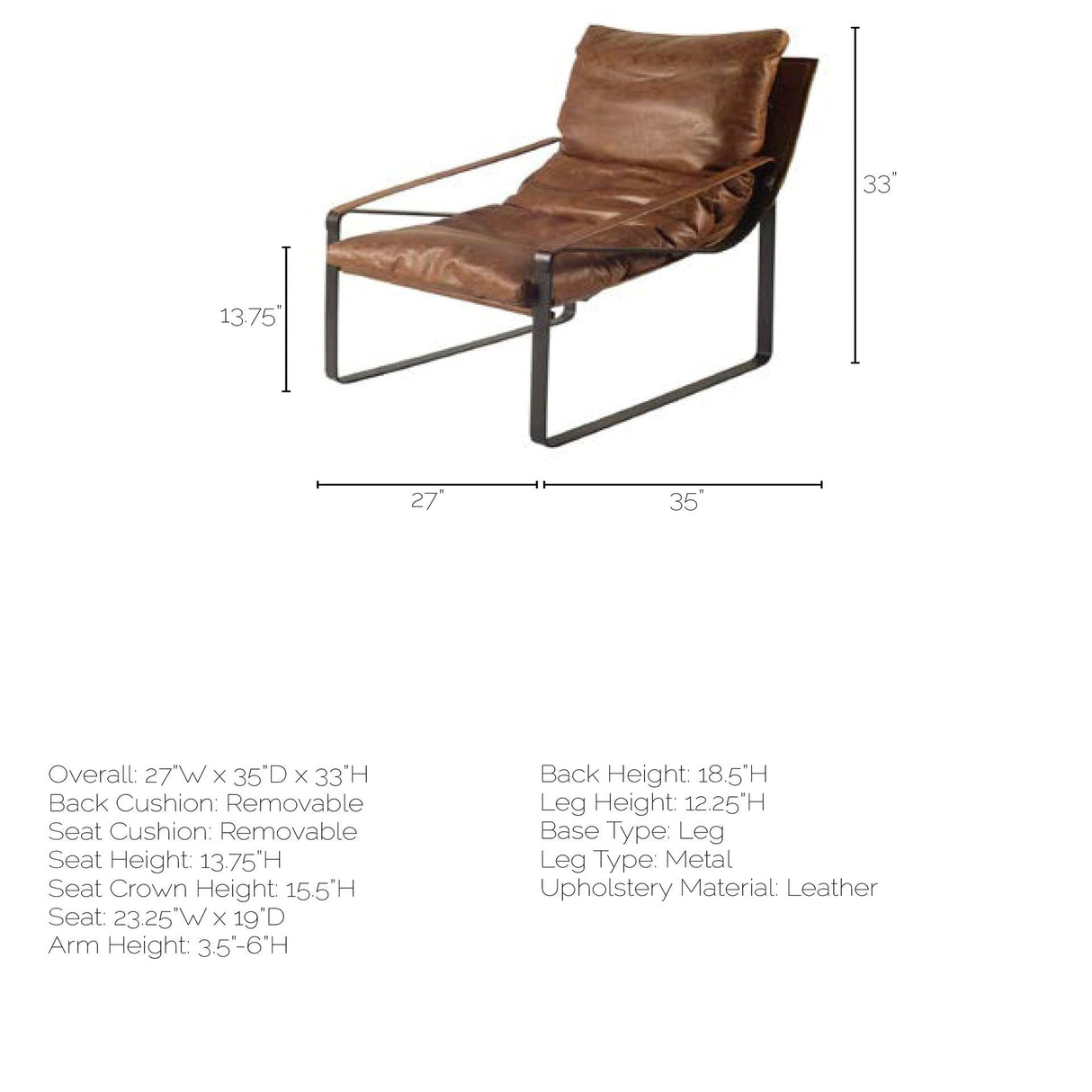 Hornet I Brown Leather Unibody Seat w/ Black Metal Frame Accent Chair by Mercana at Eve Furniture