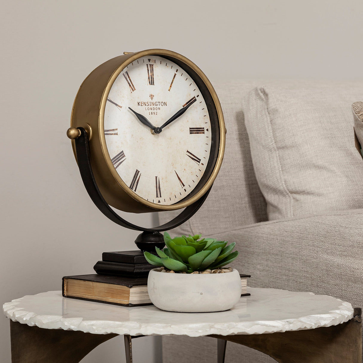 Houston Gold Metal Half Moon Base Table Clock by Mercana at Eve Furniture