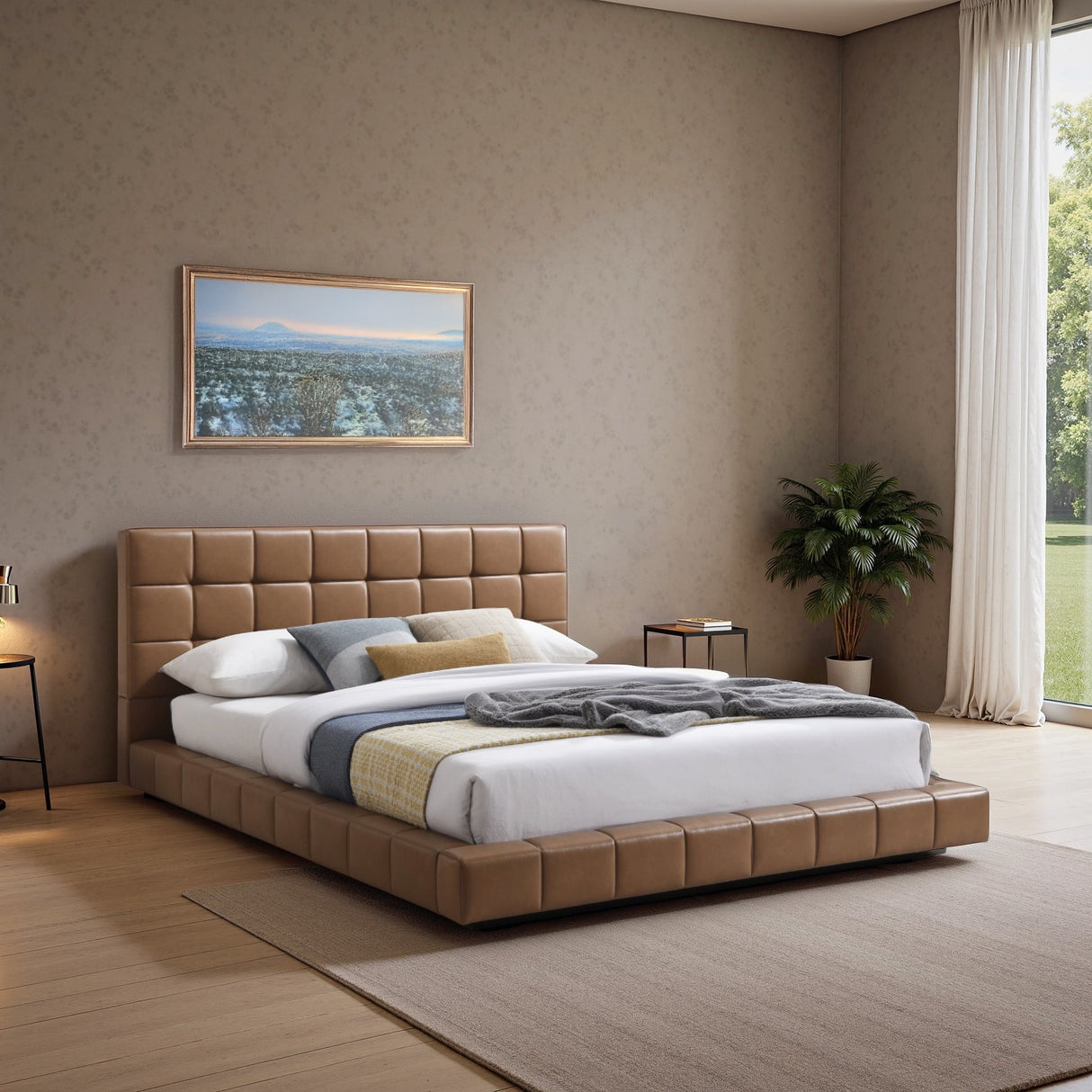 Hudson Tan Vegan Leather Upholstered Queen Platform Bed by Ashcroft Furniture at Eve Furniture