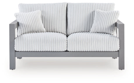 Hurley Park Gray Outdoor Loveseat with Cushion by Ashley at Eve Furniture
