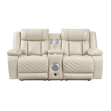 Huron Beige Power Double Reclining Loveseat with Center Console by Homelegance at Eve Furniture