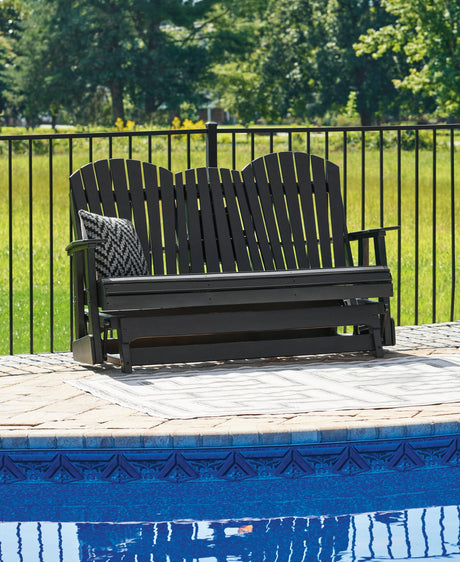 Hyland wave Black Outdoor Glider Loveseat by Ashley at Eve Furniture