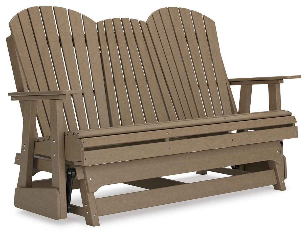 Hyland wave Driftwood Outdoor Glider Loveseat by Ashley at Eve Furniture