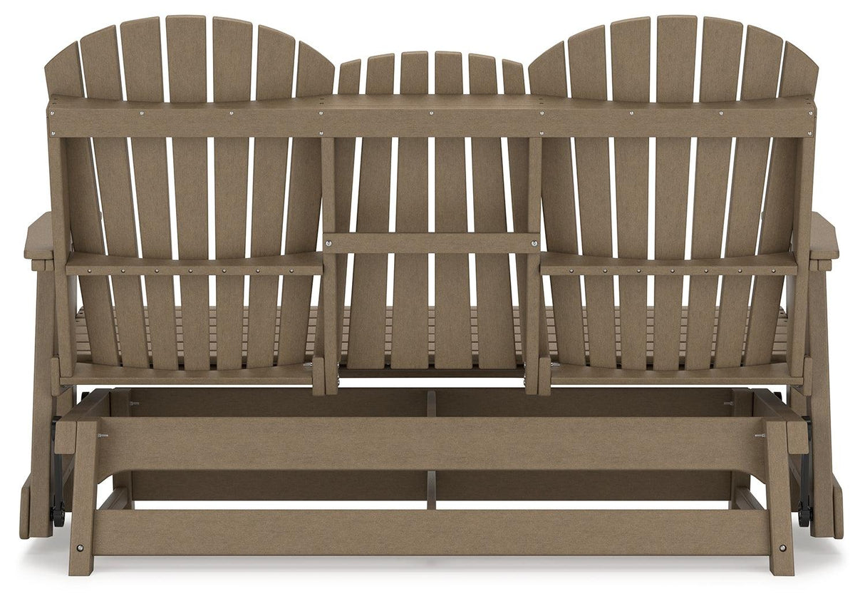Hyland wave Driftwood Outdoor Glider Loveseat by Ashley at Eve Furniture