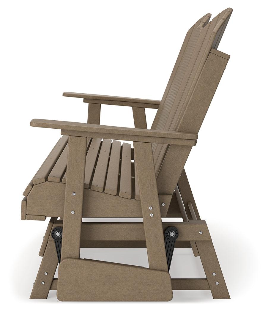 Hyland wave Driftwood Outdoor Glider Loveseat by Ashley at Eve Furniture