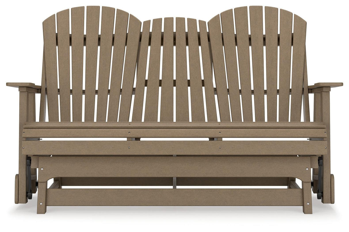 Hyland wave Driftwood Outdoor Glider Loveseat by Ashley at Eve Furniture