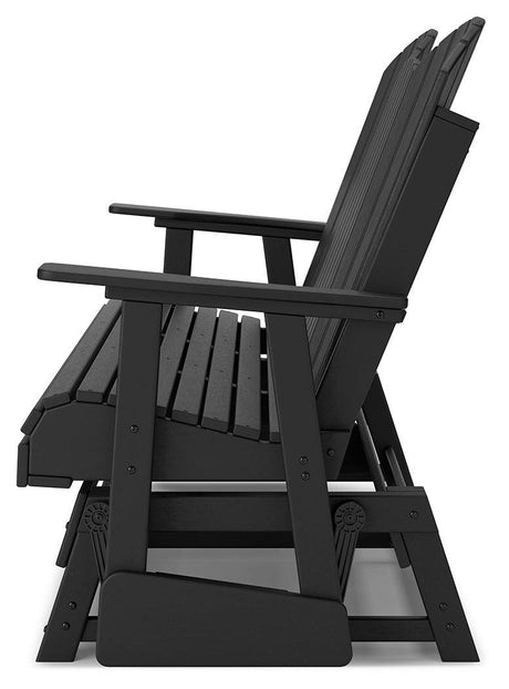 Hyland wave Black Outdoor Glider Loveseat by Ashley at Eve Furniture