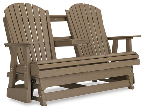Hyland wave Driftwood Outdoor Glider Loveseat by Ashley at Eve Furniture