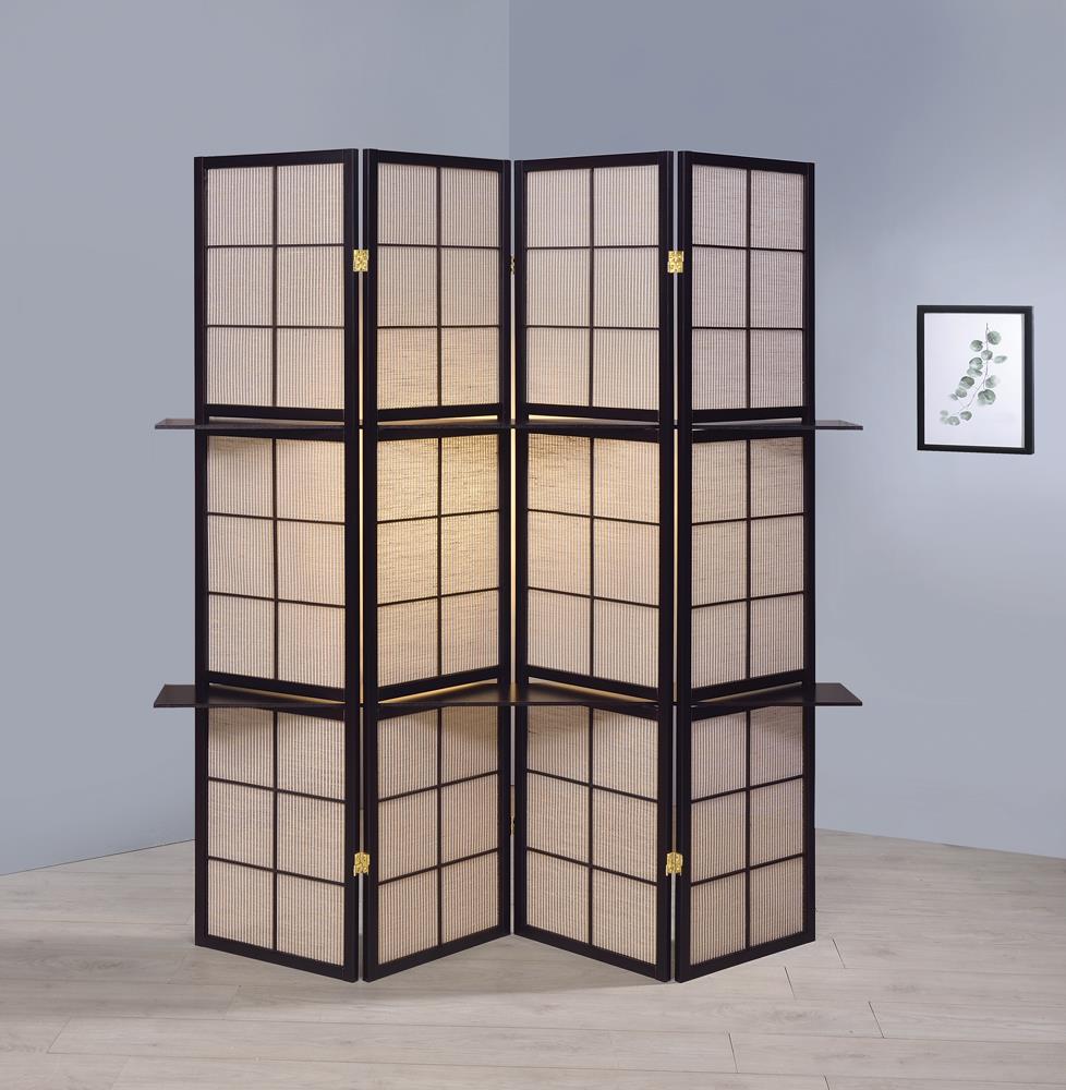 Iggy 4-Panel Folding Screen with Removable Shelves Tan/Cappuccino