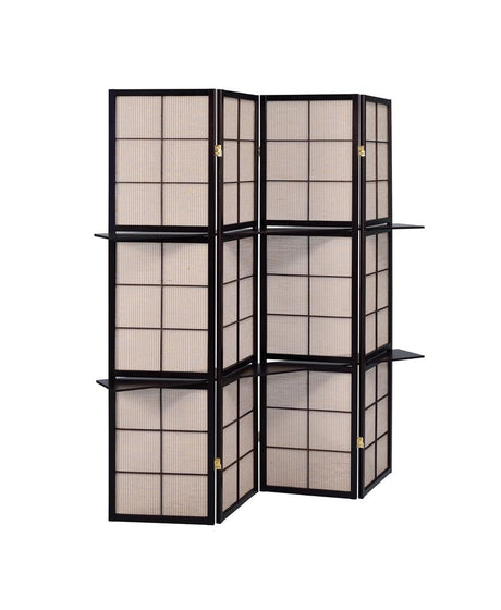 Iggy 4-Panel Folding Screen with Removable Shelves Tan/Cappuccino