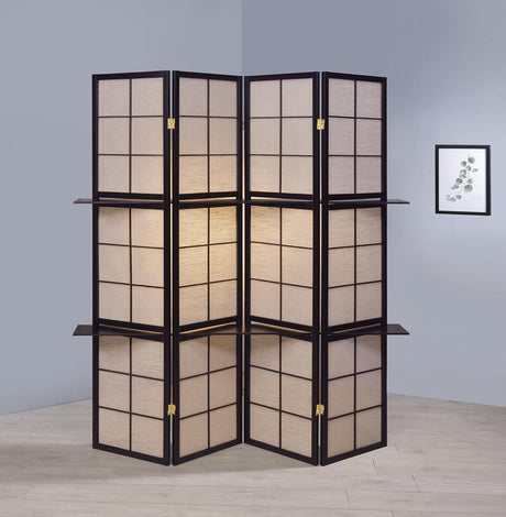 Iggy Tan/Cappuccino 4-Panel Folding Screen with Removable Shelves by Coaster at Eve Furniture