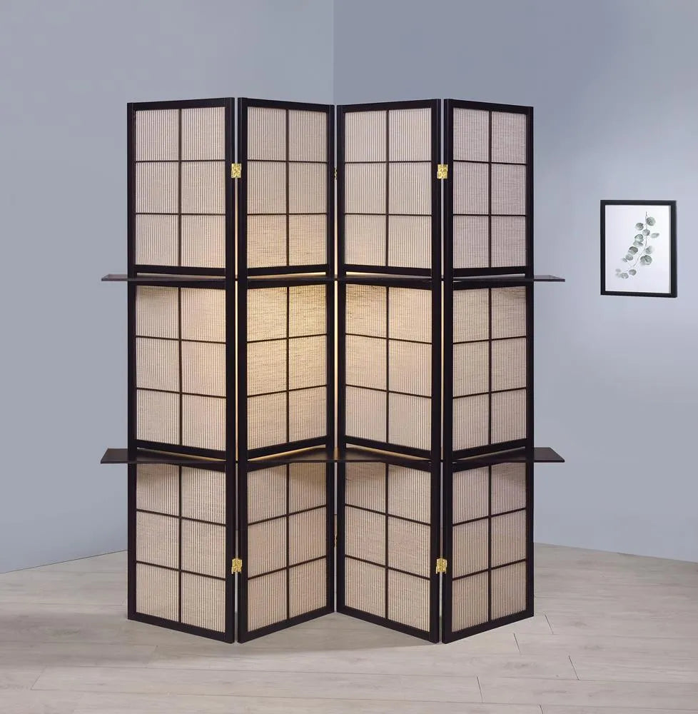 Iggy Tan/Cappuccino 4-Panel Folding Screen with Removable Shelves by Coaster at Eve Furniture