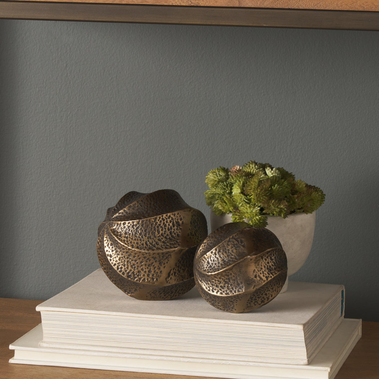 Imani Small Sculptural Textured Antiqued Gold Metal Decorative Orb Object by Mercana at Eve Furniture