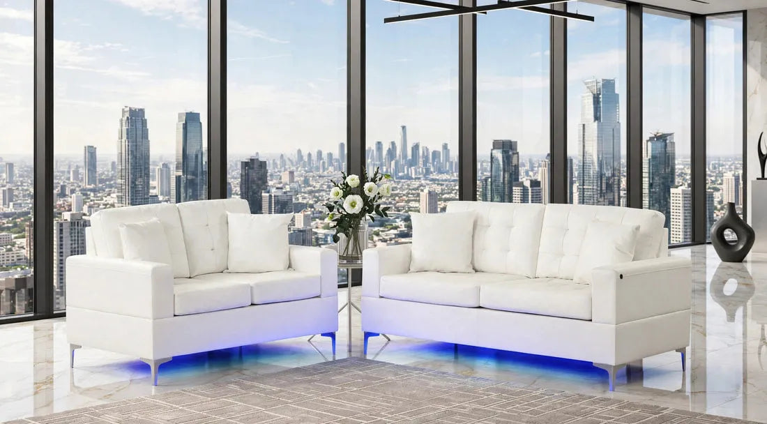 Miami White (LED LIGHTS) Sofa & Loveseat by Happy Homes at Eve Furniture