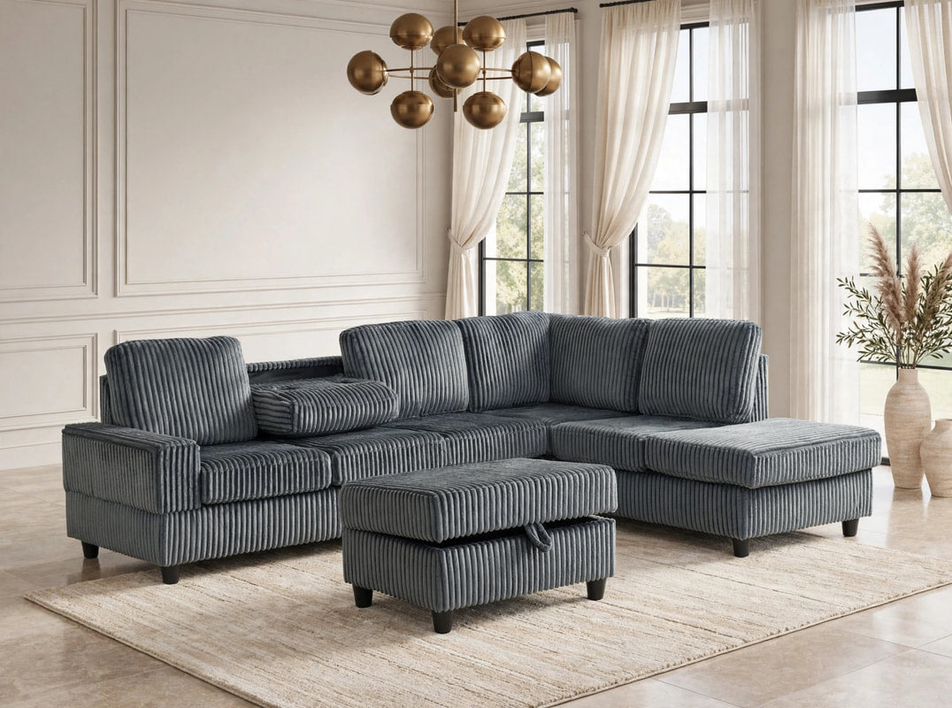 Heights Gray Reversible Sectional & Storage Ottoman by Happy Homes at Eve Furniture