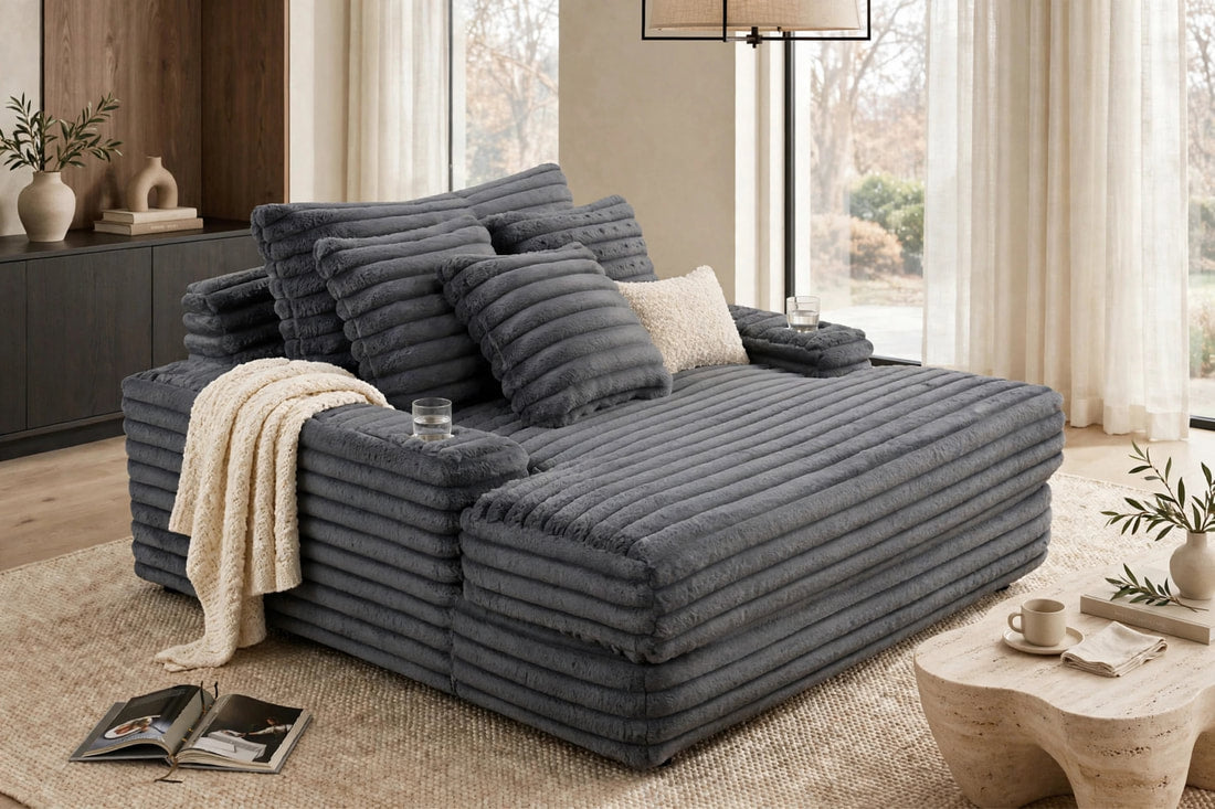 [Special] Larce Charcoal Fur Cord Fabric Chaise by Happy Homes at Eve Furniture