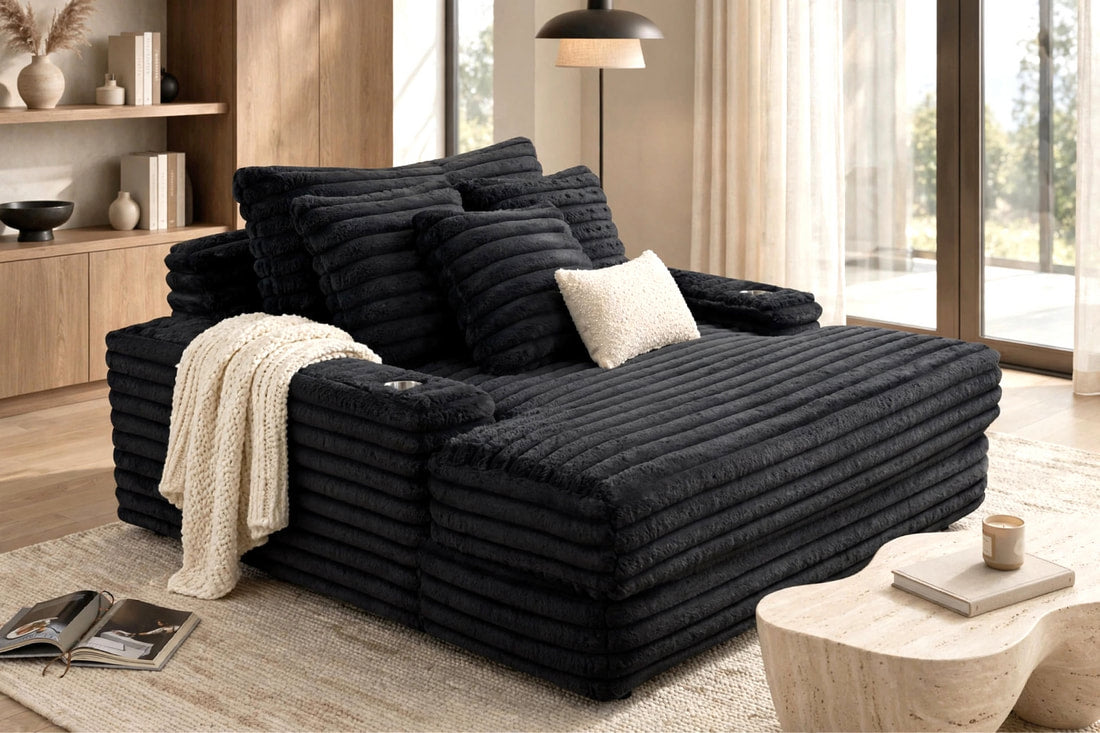 [Special] Larce Black Fur Cord Fabric Chaise by Happy Homes at Eve Furniture