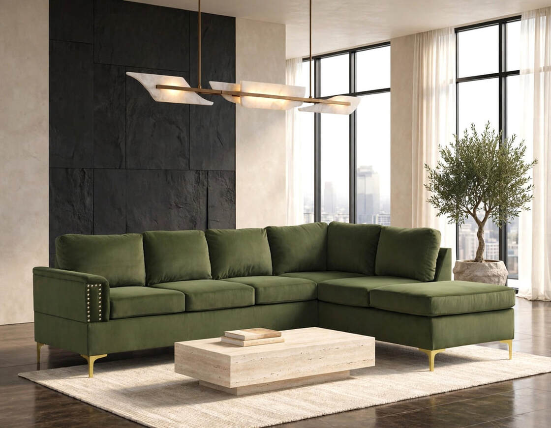 Vogue Olive Velvet Right Arm Facing (RAF) Sectional by Happy Homes at Eve Furniture