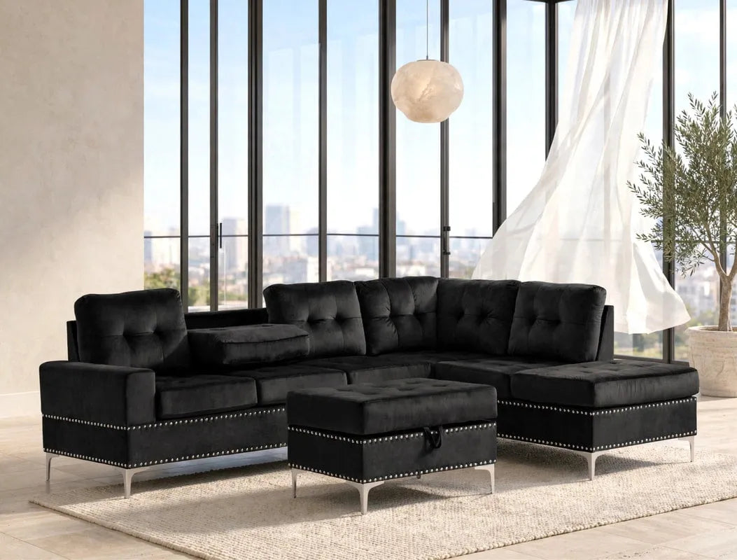 Anserra Black Reversible Sectional with Ottoman by Happy Homes at Eve Furniture