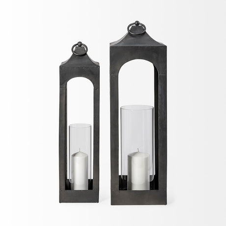 Ina Short Charcoal Metal Candle Holder Lantern by Mercana at Eve Furniture