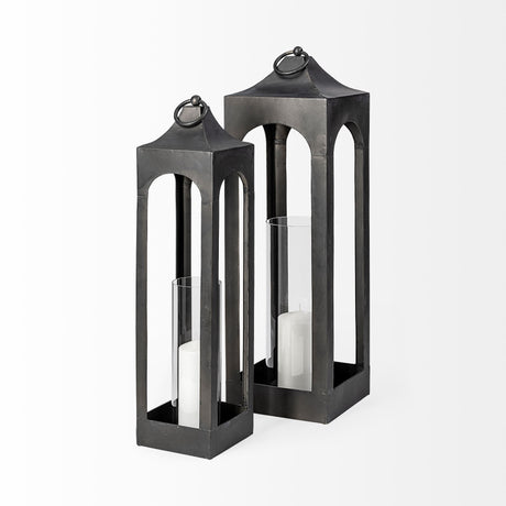 Ina Short Charcoal Metal Candle Holder Lantern by Mercana at Eve Furniture