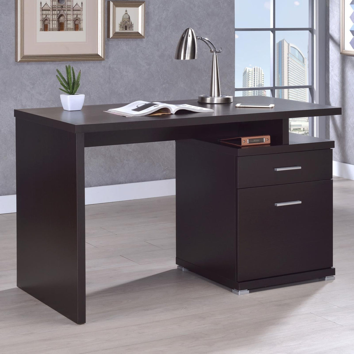 Irving Cappuccino 2-Drawer Office Desk with Cabinet