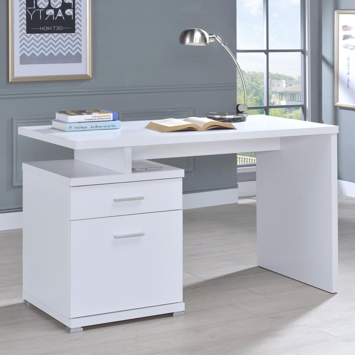 Irving White 2-Drawer Office Desk with Cabinet