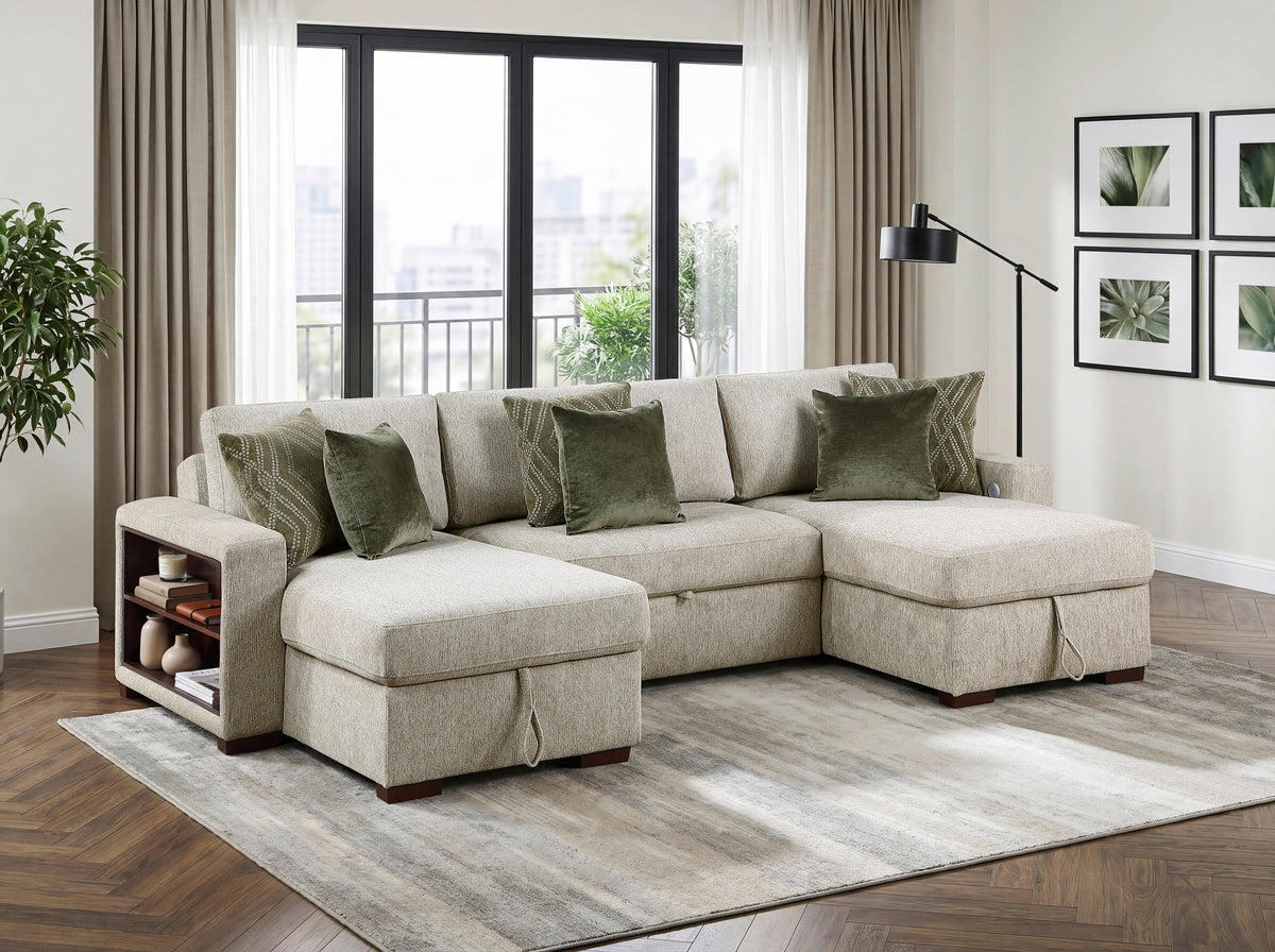 Isla Sage Sand 3-Piece Sectional with Dual Reversible Chaises, Pull-Out Bed and Storage by Homelegance at Eve Furniture