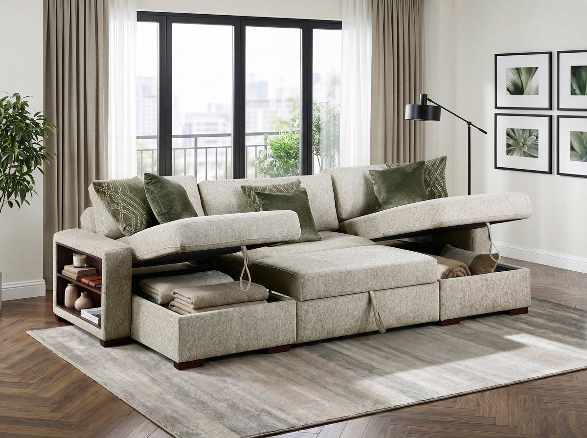 Isla Sage Sand 3-Piece Sectional with Dual Reversible Chaises, Pull-Out Bed and Storage by Homelegance at Eve Furniture
