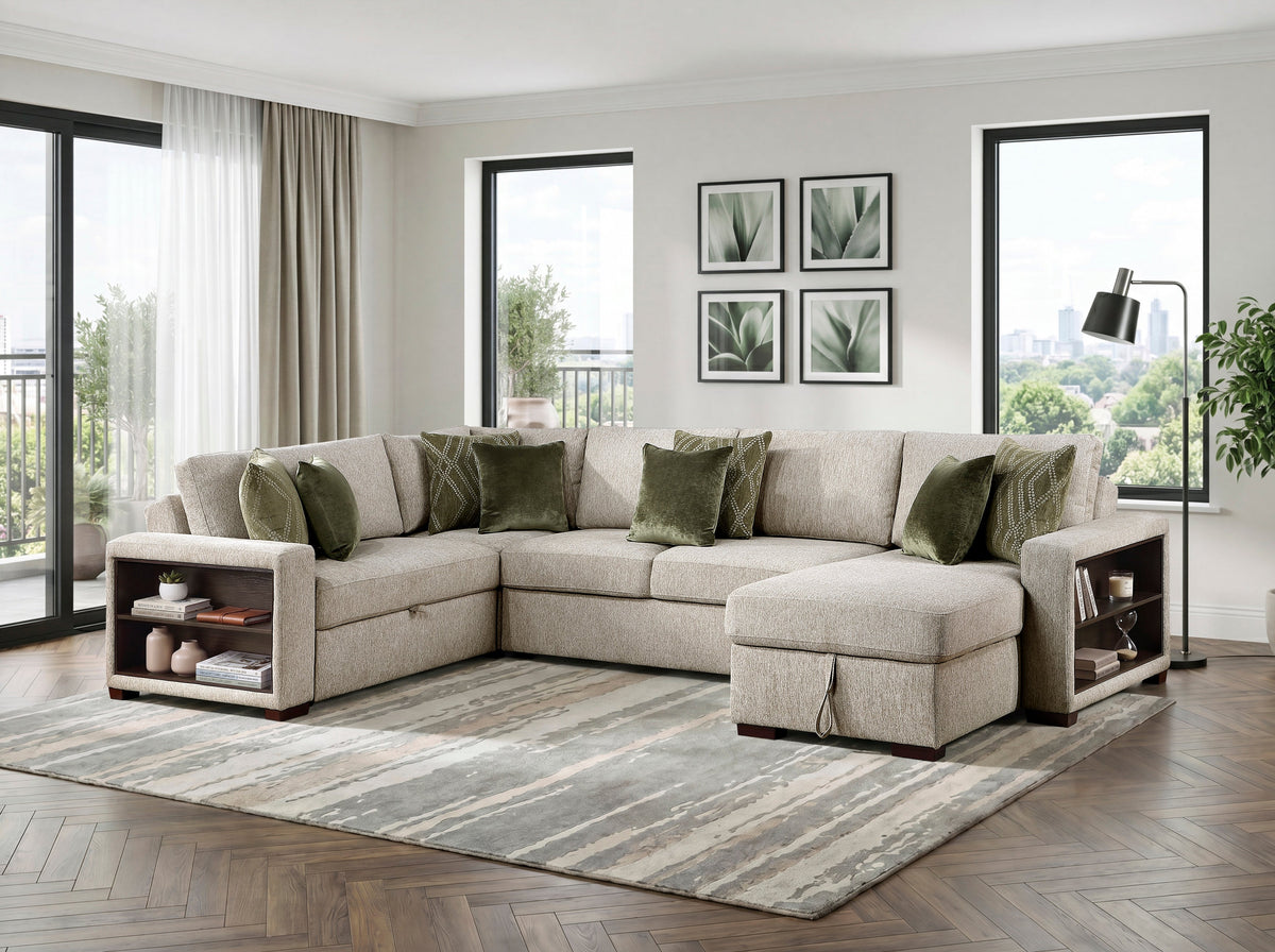 Isla Sage Sand 4-Piece L-Shaped Sleeper Sectional with Reversible Storage Chaise by Homelegance at Eve Furniture