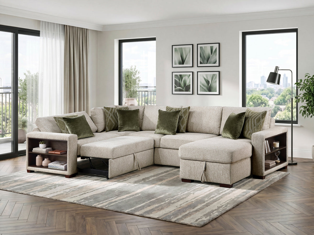 Isla Sage Sand 4-Piece L-Shaped Sleeper Sectional with Reversible Storage Chaise by Homelegance at Eve Furniture