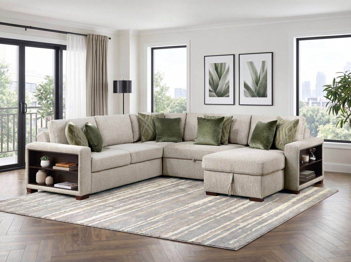 Isla Sage Sand 4-Piece L-Shaped Sleeper Sectional with Reversible Storage Chaise by Homelegance at Eve Furniture